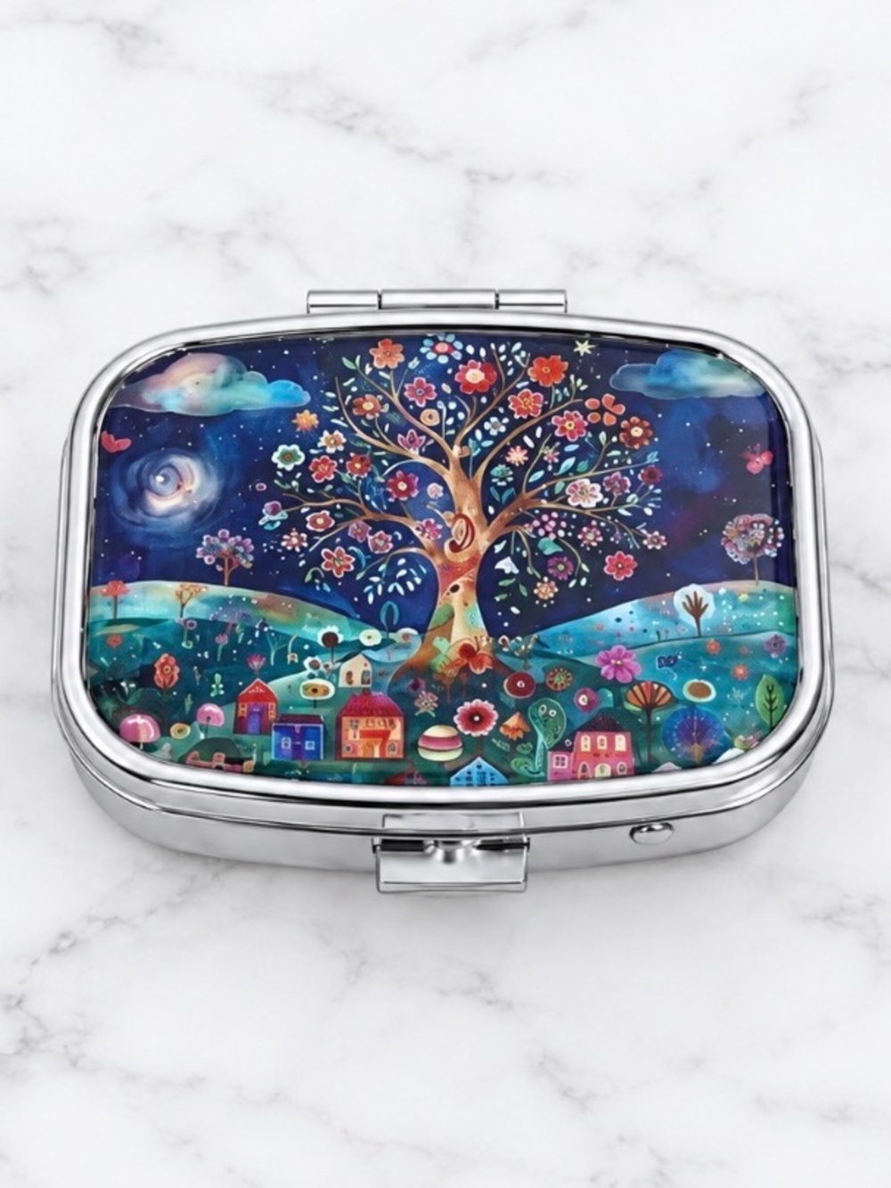 Whimsical Tree Nightscape-Travel Compact With Lidded Mirror